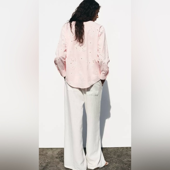 Zara Pink Cotton White Eyelet Button-Up Blouse | L | Rubberized Eyelets | NWT - Picture 7 of 13